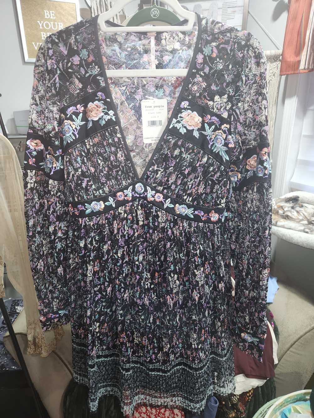 Free People Black/Navy Floral Embroidered Tunic/Midi Dress